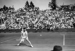 Frend Tennis player Christian Bousses is seen in action here in June 1934 at the Roland Garros Stadium during a Davis Cup match. Photo Credits : AFP