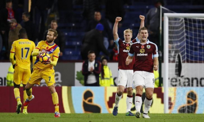 Burnley's Sam Vokes celebrates after the game Burnley sink Palace with last-minute winner