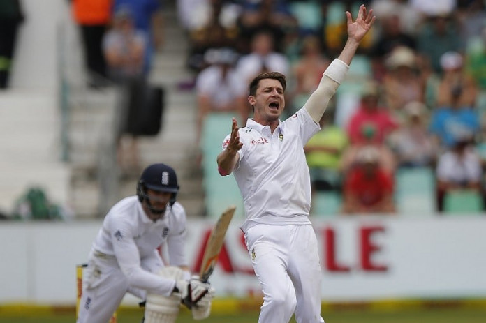 South African bowler Dale Steyn celebrates the dismissal of England batsman Steven Finnduring the second days play in the cricket Test match between England and South Africa at Kingsmead stadium on December 27, 2015 in Durban, South Africa.