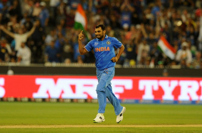 India's Mohammed Shami celebrates taking the wicket during the 2015 Cricket World Cup quarter-final