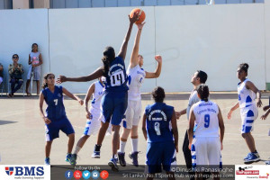 Lubna Morseth (5) tapping the traditional jump ball start with Nirma Sasanthi (14)