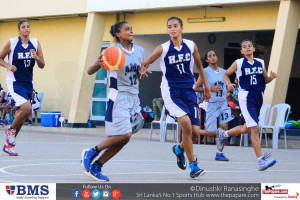 Manthila (13), Dilimi (11) and Sandrene (15) in defense for Greshani (12)