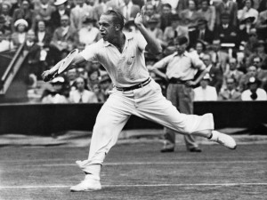 German player Henner Herkel mid-air in a strong backhand volley against American Donals Budge on 17th July 1937 at Wimbledon. Photo Credits : AFP