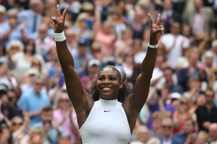 US player Serena Williams celebrates beating Germany's Angelique Kerber at Wimbledon