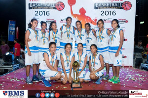 Nirma Sasanthi with the Good Shpeherd Convent - Kotahena team after winning ThePapare Basketball Championship 2016 