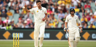 Mitchell Starc forced off with ankle injury at Adelaide Test Mitchell Starc shows his discomfort after taking the wicket of Mitchell Santner of New Zealand. Photo: Getty Images