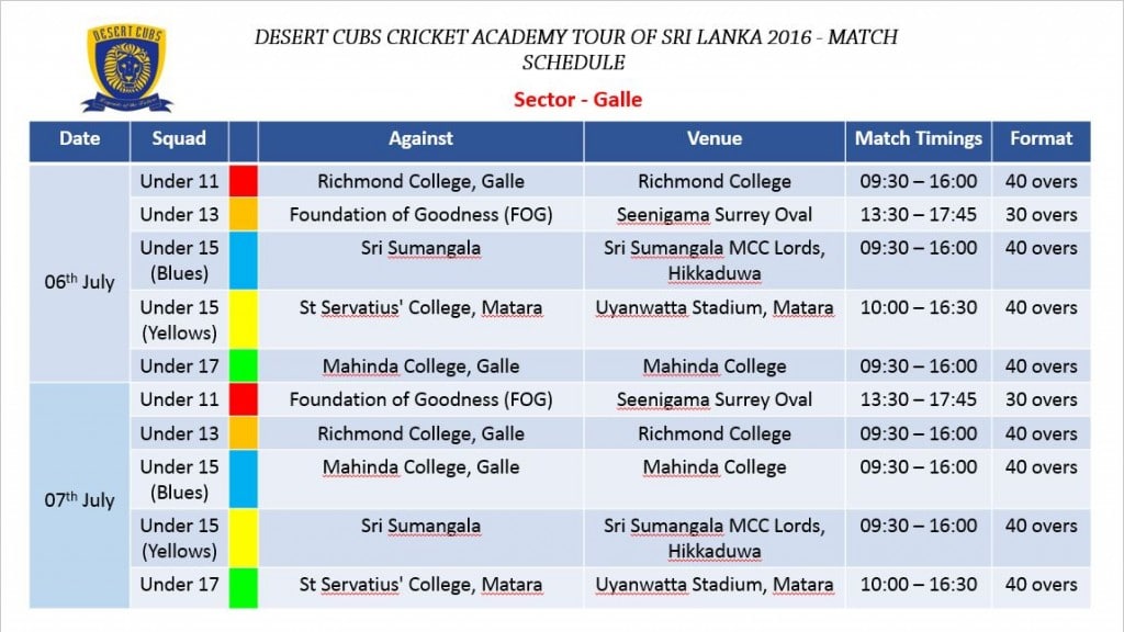 Desert Cubs Cricket Fixtures 1