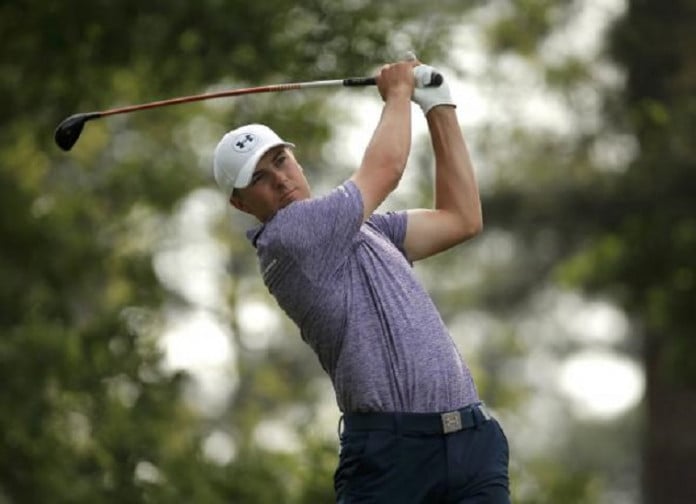 Jordan Spieth of the U.S. hits off the fourth tee during second round play of the Masters golf tournament at the Augusta National Golf Course in Augusta