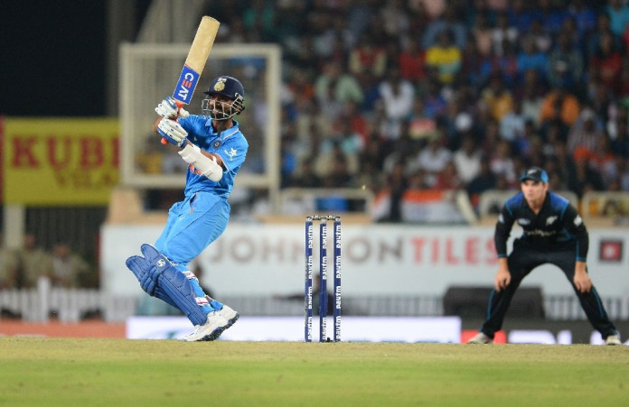 Indian batsman Ajinkya Rahane plays a shot during the fourth one day international (ODI) match against New Zealand in Ranchi on October 26, 2016 (AFP Photo/Sajjad Hussain)