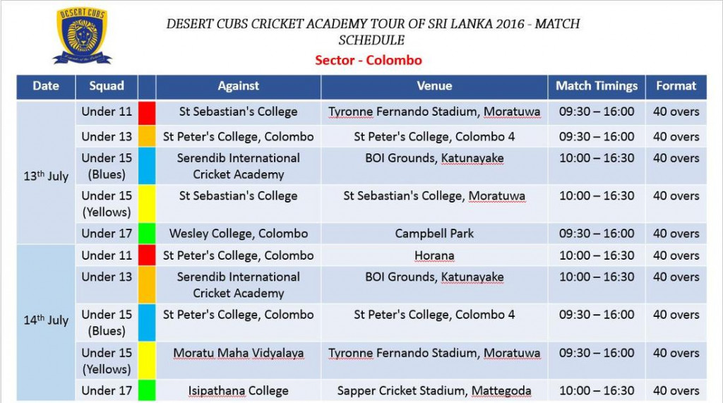 Desert Cubs Cricket Fixtures 1