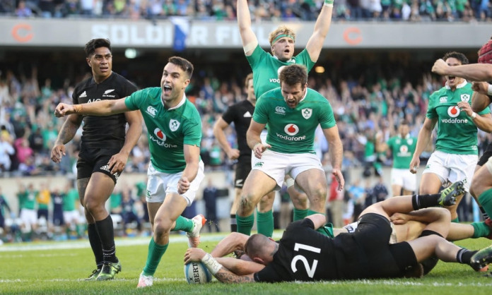 Ireland’s Conor Murray celebrates Robbie Henshaw’s try. Photograph: Billy Stickland/INPHO/Rex/Shutterstock