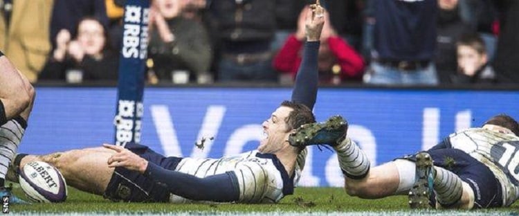 Tim Visser got to Stuart Hogg's chip ahead first to score his 13th Test try