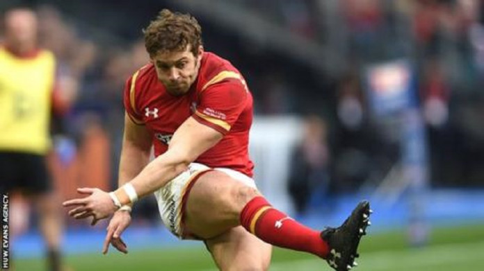 Leigh Halfpenny kicks for goal in Paris