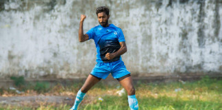 B.R.Chanaka of SLTB celebrate scoring the equalizer against Red Star in the FA Cup 6th round match
