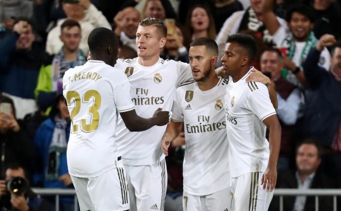 Football - La Liga Santander - Real Madrid v Real Betis - Santiago Bernabeu, Madrid, Spain - November 2, 2019 Real Madrid's Eden Hazard celebrates scoring a goal before it is disallowed following a referral to VAR REUTERS/Sergio Perez