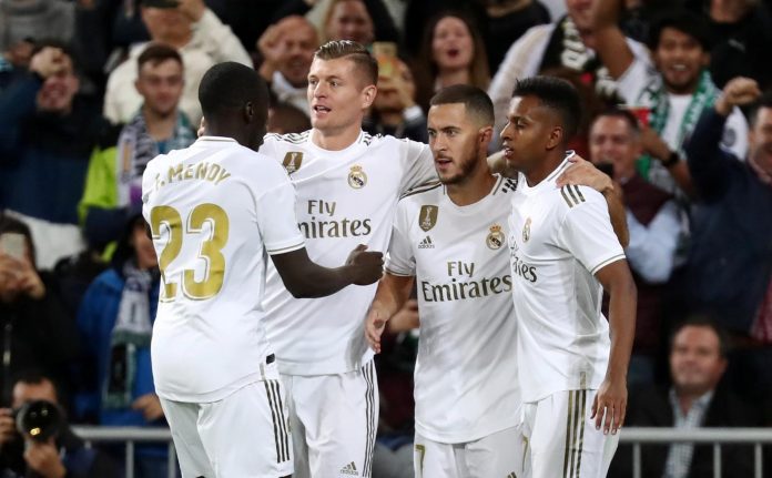 - La Liga Santander - Real Madrid v Real Betis - Santiago Bernabeu, Madrid, Spain - November 2, 2019 Real Madrid's Eden Hazard celebrates scoring a goal before it is disallowed following a referral to VAR REUTERS/Sergio Perez