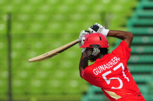 Canadian cricketer Ruvindu Gunasekera plays a shot during a warm-up match between England and Canada ahead of the the 2011 Cricket World Cup at Fatullah Khan Saheb Osmani Stadium in Fatullah on February 16, 2011. Canada are 158 runs for the loss of seven wickets in 29 overs in response to the England total of 243. AFP PHOTO/Munir uz ZAMAN (Photo credit should read MUNIR UZ ZAMAN/AFP/Getty Images)