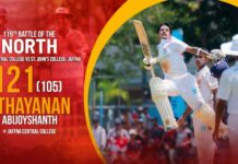 WATCH – Uthayanan Abijoyshanth 121 (105) vs Jaffna Central College | 119th Battle of North – Day 2 Uthayanan Abijoyshanth