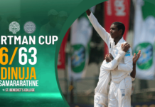 WATCH – Dinuja Samararathne 6/63 vs St. Benedict’s College | Cartman Cup 2026 – Day 1 Dinuja Samararathne bowling