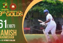 WATCH – Hamish Harmishan 61 (187) vs St. Patrick’s College, Jaffna | 109th Battle of the Golds – Day 1 Hamish Harmishan