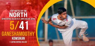 WATCH – Ganeshamoothy Kowsikan 5/41 vs Jaffna Central College | 119th Battle of North – Day 1 Ganeshamoothy Kowsikan