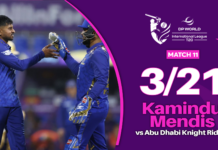WATCH – Kamindu Mendis 3/21 vs Abu Dhabi Knight Riders – ILT20 Season 4 – Match 11