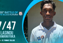 WATCH – Lasindu Ramanayaka 7/47 vs St. Thomas’ College – 126th Battle of the Blues Ruhuna