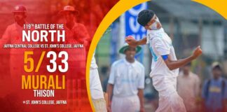 WATCH – Murali Thison 5/33 vs St. John’s College, Jaffna | 119th Battle of North – Day 1 Murali Thison