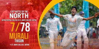 WATCH – Murali Thison 7/78 vs St. John’s College, Jaffna | 119th Battle of North – Day 2 Murali Thison 7/78 vs St. John's College, Jaffna