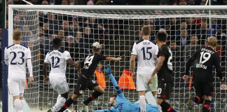 Bayer Leverkusen's Kevin Kampl scores their first goal