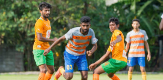 Kirulapone United player (M) wriggles past Edison Figurado and Peshala Malik - FA Cup (Last 32 Round)