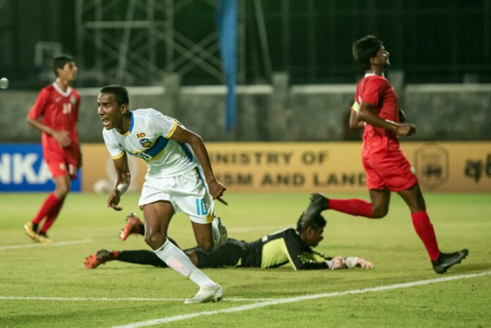 Mohamed Mufas wheels off in celebration after scoring against Maldives - SAFF U17 Championship 2022