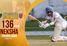 WATCH – Neksha Iddamalgoda 136 (124) vs Moratu MV – 74th Battle of the Golds