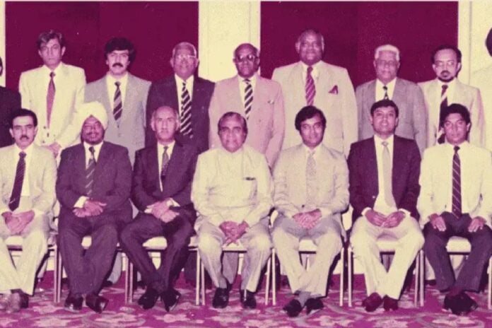 Members of the inaugural ACC meeting: standing (left to right): Prof. M.V. Chandgadkar (India), R. S. Mahendra (India), A. Sajjad (Pakistan), Q. Noorani (UAE), A R Falaknaz (UAE), S.K. Wankhede (India), M.A. Chidambaram (India), P.M. Rungta (India), S. Sriraman (India), M. Jaikishan (India), I.S. Bindra (India), J. Daimiya (India) Seated (left to right): A.Abbasi (Pakistan), A.R. Bukhatir (UAE). D.S. Gill (Malaysia), Air Marshal (Retd.) Nur Khan (Pakistan). N.K.P. Salve (India), Gamini Dissanayake (Sri Lanka), S.A. Huq (Bangladesh), Nuzki Mohammad (Sri Lanka), A.W. Kanmadikar (India)