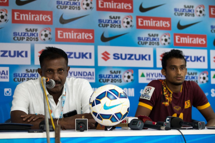 Sri Lanka coach Sampath Perera and Mohamed Rifnaz at the post match press conference (Photo - SAFF Suzuki Cup) Sri Lanka coach Sampath Perera and Mohamed Rifnaz at the post match press conference (Photo - SAFF Suzuki Cup)