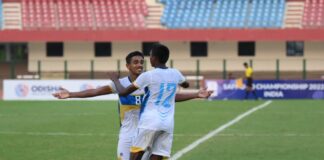 Theshan Thushmika celebrating Sri Lanka’s equalizer against Maldives in the SAFF U20 Championship 2022