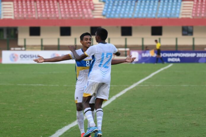 Theshan Thushmika celebrating Sri Lanka’s equalizer against Maldives in the SAFF U20 Championship 2022