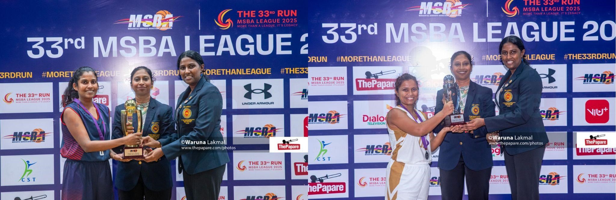 MAS Holdings captain Hasini Rajapaksha and Hayleys captain Kanchana Sanjeewani receiving their trophies