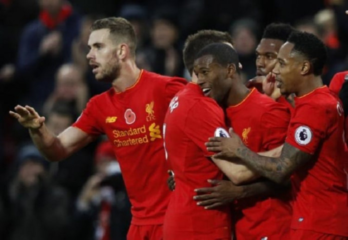 Liverpool's Georginio Wijnaldum celebrates scoring their sixth goal with team mates
