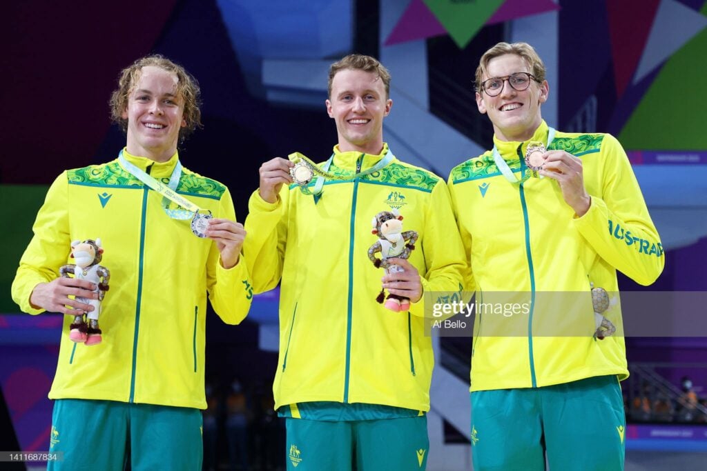 SMETHWICK, ENGLAND - JULY 29: (L-R) Silver medalist, Sam Short of Team Australia, Gold medalist, Elijah Winnington of Team Australia and Bronze medalist, Mack Horton of Team Australia pose with their medals during the medal ceremony for the Men’s 400m Freestyle Final on day one of the Birmingham 2022 Commonwealth Games at Sandwell Aquatics Centre on July 29, 2022 on the Smethwick, England. (Photo by Al Bello/Getty Images)