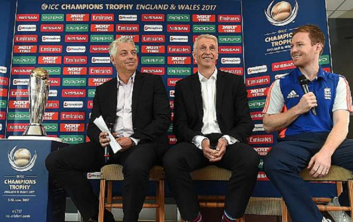 David Richardson, ICC Chief Executive, Steve Elworthy, ECB Director Global Events and Eoin Morgan, England's ODI Captain during the ICC Champions Trophy 2017 Launch © Getty