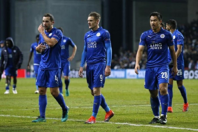 Leicester City's Danny Drinkwater, Jamie Vardy and Shinji Okazaki after the match