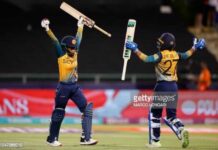 Sri Lanka's Harshitha Samarawickrama (L) and Sri Lanka's Nilakshi De Silva (R) celebrate after Sri Lanka won the Group A