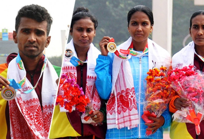 Anuradha Indrajith Cooray with his Silver Medal and Geethani Raju and Lakmini Anuradhi with the Silver and Bronze Medals.